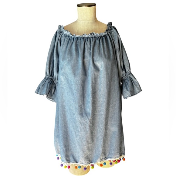 NWT Saks Fifth Avenue Chambray Mini Pom Pom Off-Shoulder Flounce Dress Size S - Picture 2 of 10